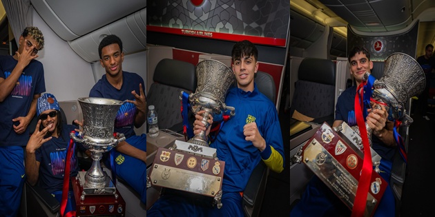 Suudi Arabistan Dönüşü THY Uçağında Barca’lı Oyuncuların Kupa Mutluluğu